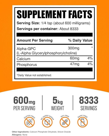 BulkSupplements.com Alpha GPC Powder - Choline Supplements, Alpha GPC 300mg - Acetylcholine Supplements, Unflavored & Gluten Free, 600mg per Serving, 5kg (11 lbs) (Pack of 5)