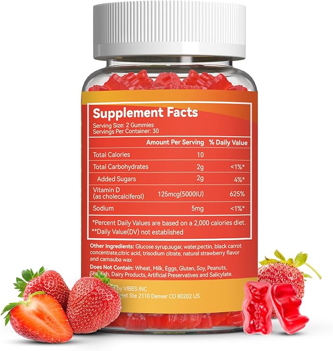 Vitamin D3 5000 IU 125mcg Gummies - Vitamin D Gummies for Adults, Support Immune, Bone, Muscle Health - Non-GMO, Gluten-Free, Dairy-Free, No Gelatin, 120 Count, Strawberry Flavor
