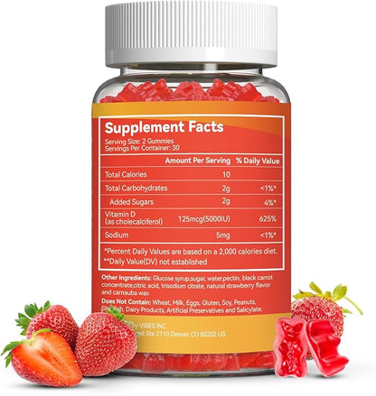 Vitamin D3 5000 IU 125mcg Gummies - Vitamin D Gummies for Adults, Support Immune, Bone, Muscle Health - Non-GMO, Gluten-Free, Dairy-Free, No Gelatin, 120 Count, Strawberry Flavor