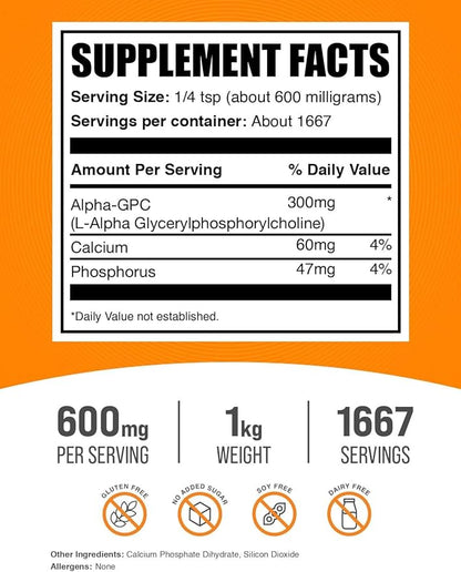 BulkSupplements.com Alpha GPC Powder - Choline Supplements, Alpha GPC 300mg - Unflavored & Gluten Free, 600mg per Serving, 1kg (2.2 lbs) (Pack of 1)