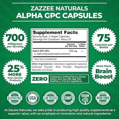 Zazzee Extra Strength Alpha GPC Choline, 700 mg per Serving, 75 Vegan Capsules, 100% Pure Pharmaceutical Grade, 100% Vegetarian, Standardized for Potency and Purity, All-Natural and Non-GMO