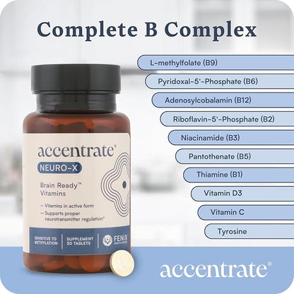 Accentrate Neuro X - Complete Vitamin B Complex | Active Multivitamin w/L-Methylfolate (5-MTHF), Adenosylcobalamin (B12), Pyridoxal-5'-Phosphate (P5P) | Brain Health | MTHFR Supplement | 30 Tablets