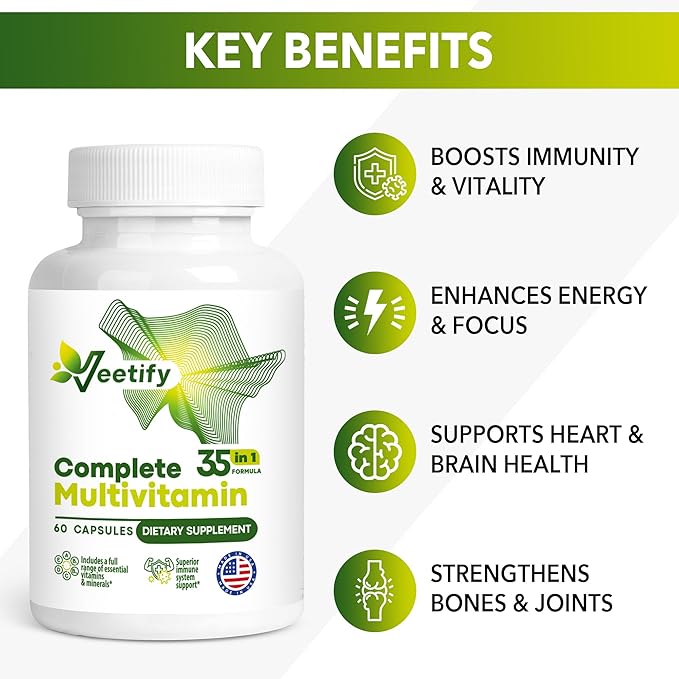 Complete Multivitamin 35‑in‑1 – High‑Potency Daily Vitamins & Minerals with Antioxidants (A, B‑Complex, C, D, E), Magnesium, Zinc & Green‑Tea Detox Formula for Women & Men – 60 Veggie Capsules