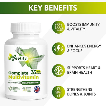 Complete Multivitamin 35‑in‑1 – High‑Potency Daily Vitamins & Minerals with Antioxidants (A, B‑Complex, C, D, E), Magnesium, Zinc & Green‑Tea Detox Formula for Women & Men – 60 Veggie Capsules
