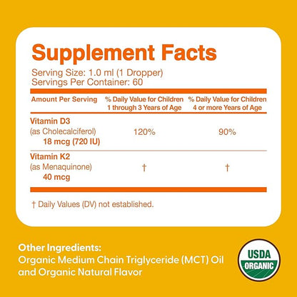 Feel Great USDA Organic Liquid Vitamin D Drops for Infants & Toddlers (2 oz) w/ K2 for Absorption | Vitamin D for Kids Supports Immune Support & Bone Health | Sugar Free, Vegan, Non-GMO & Gluten Free