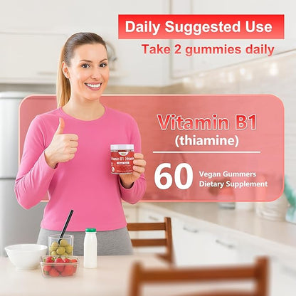 Vitamin B1 Gummies 300mg for Adults & Kids,Chewable Thiamine B1 Supplement with 150mg Magnesium,Nervous System Healthy Energy,Natural Peach Flavor,Non GMO,Vegan 60 Count Sugar-Free 1-Month Supply1