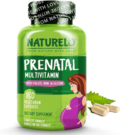 NATURELO Prenatal Multivitamin with Gentle Chelated Iron, Methyl Folate, Plant Calcium & Choline - Vegan, Vegetarian - Non-GMO - Gluten Free - 180 Capsules - 2 Month Supply