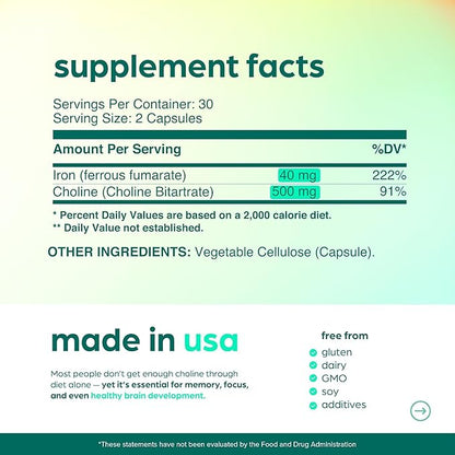 Choline & Iron Prenatal Supplement for women – 500mg Choline + 40mg Iron (Ferrous Fumarate), Choline Supplements for Pregnancy Brain & Memory Support – Cognitive & Metabolic Health, Vegan –30 Servings