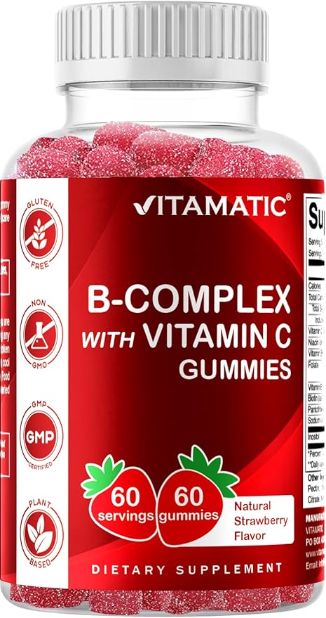 Vitamatic Vitamin B Complex Gummies with Vitamin C & Inositol - Natural Strawberry Flavor - 60 Gummies (1 Bottle)
