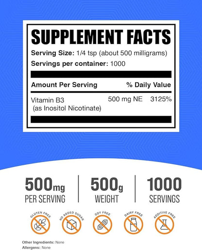 BulkSupplements.com Flush Free Niacin Powder - as Inositol Hexanicotinate, Vitamin B3 Supplement, Niacin 500mg Flush Free - Gluten Free, 500mg of per Serving, 500g (1.1 lbs) (Pack of 1)