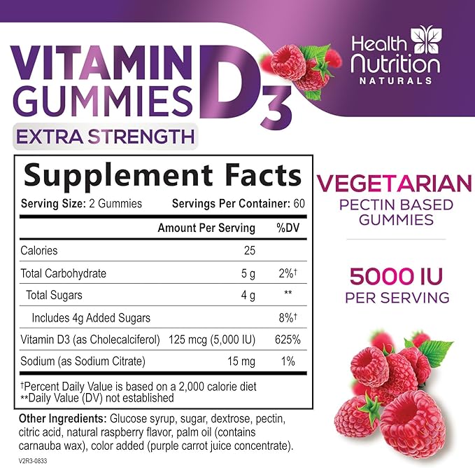 Vitamin D3 Gummies 5000 IU (125 mcg) - Extra Strength Immune Support, Bone, Teeth and Muscle Vitamin D Gummy Dietary Supplement, Nature's Berry D Vitamin Supplement, Raspberry, Non-GMO - 120 Gummies