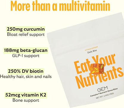 GEM Daily Multivitamin for Women & Men, 20+ Vitamins & Minerals zinc, Vitamin D, B, K, Folic Acid, Turmeric, Beta Glucan GLP-1 booster, Supports Gut, Skin, Brain, Immunity (Citrus Ginger, 28 Servings)