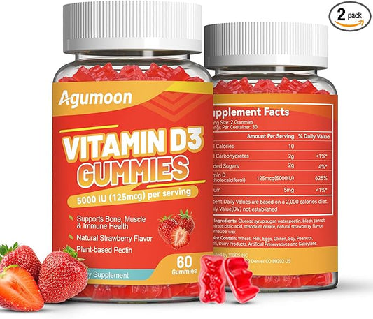 Vitamin D3 5000 IU 125mcg Gummies - Vitamin D Gummies for Adults, Support Immune, Bone, Muscle Health - Non-GMO, Gluten-Free, Dairy-Free, No Gelatin, 120 Count, Strawberry Flavor