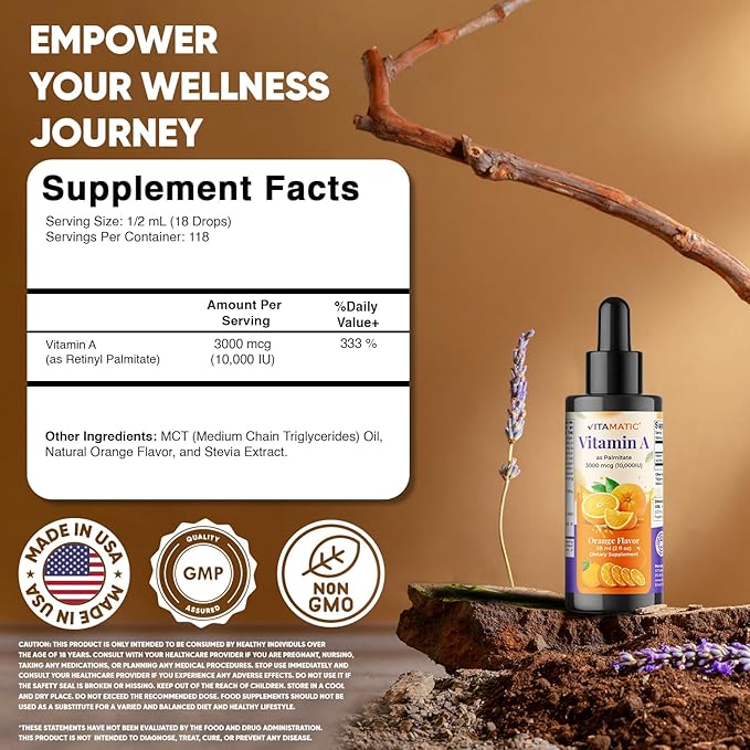 Vitamatic Sugar Free Vitamin A Liquid Drops 10000 IU (3000 mcg) as Retinyl Palmitate - Approximate 4 Months Supply - Immune Support, Eye Health, Skin Health - 2 FL OZ (59 ml) (2 Packs)