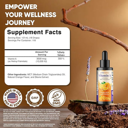 Vitamatic Sugar Free Vitamin A Liquid Drops 10000 IU (3000 mcg) as Retinyl Palmitate - Approximate 4 Months Supply - Immune Support, Eye Health, Skin Health - 2 FL OZ (59 ml) (2 Packs)