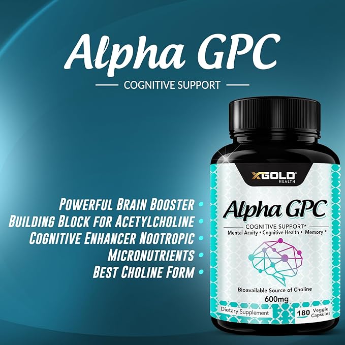 Alpha GPC Choline Supplement 600mg, 99%+ Highly Purified, Highly Bioavailable Source of Choline,180 Veggie Capsules, Cognitive Enhancer Nootropic, Supports Memory & Brain Function, Boosts Focus & Mood