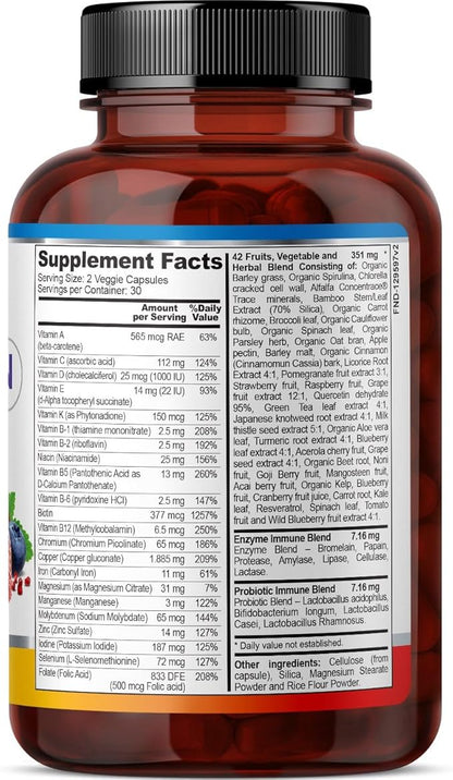 FineLand Multi-Vimin Daily Complete | 22 Vitamins, 42 Fruits, Veggies & Herbs Blend | Immune & Digestive Support with Enzymes, Probiotics & Full Spectrum Minerals | 60 Vegan Capsules