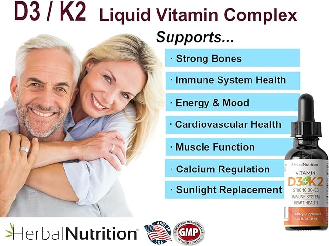 Herbal Nutrition Organic Vitamin D3 K2 Drops – 5000 IU D3 + 63mcg MK7 K2 – 270 Servings, Vegan, Liquid Supplement Superior Delivery – Bone, Heart, Immune & Mood Support – Peppermint Flavor