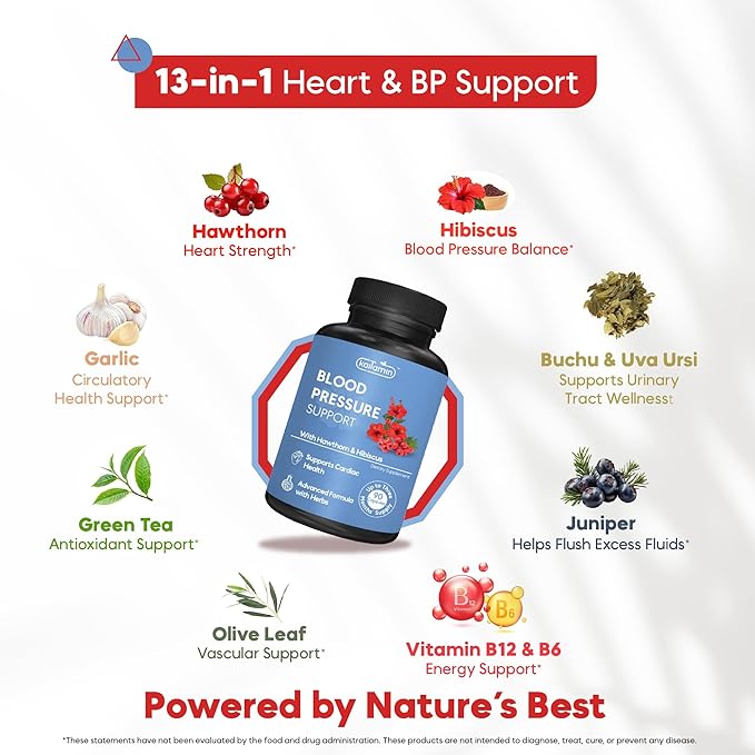 Blood Pressure Support Supplement – Natural Hawthorn, Hibiscus, Garlic & Olive Leaf – Heart Health & Circulation Support – B12, B6 – Vegan, Non-GMO – 90 Caps (3-Month Supply)
