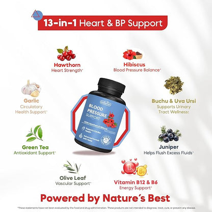 Blood Pressure Support Supplement – Natural Hawthorn, Hibiscus, Garlic & Olive Leaf – Heart Health & Circulation Support – B12, B6 – Vegan, Non-GMO – 90 Caps (3-Month Supply)