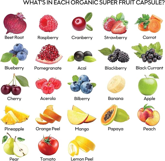 Fruits and Veggies Supplement (30 Day Supply) Powerfull Blend of 39 Whole Fruits and Veggies, Fills Nutritional Gaps, Get Energy, Well-being. USA Made Non-GMO/Vegan/Gluten Free. Packaging May Vary