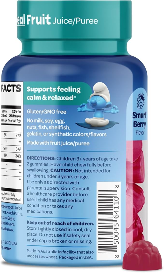 Smurfs Kids Calm Gummies | Calming Gummies for Kids with Lemon Balm & L Theanine | Made with Real Fruit | Doctor Developed | Gelatin Free Non-GMO No Artificial Flavors or Colors | 20 Servings