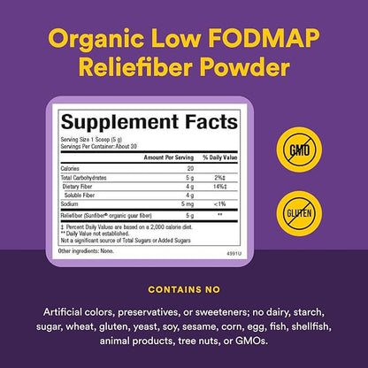 Natural Factors Organic Low FODMAP Reliefiber, Digestive Fiber Powder, Unflavored, 5.3 Oz