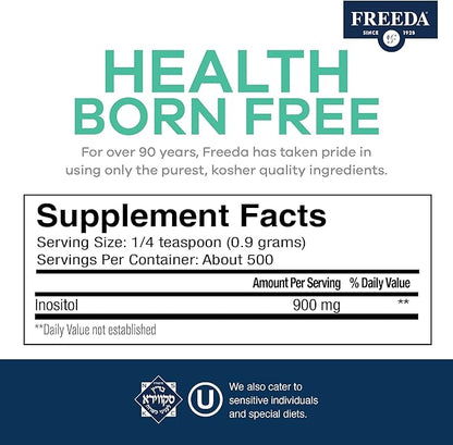 FREEDA Pure Inositol Powder – Myo-Inositol for Mood & Hormone Balance, Kosher, Vegan, Gluten-Free, No Additives, Easy-to-Mix (16 oz, 500 Servings) – Supports PCOS & Fertility
