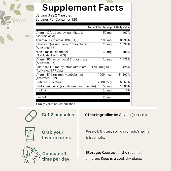 Micro Ingredients Pure Methylated B Complex, 240 Capsules | 11-in-1 Formula with B12, Thiamin, Folate, Inositol, Choline & Vitamin C | Supports Energy, Mood & Nerve Health | Filler Free, Non-GMO