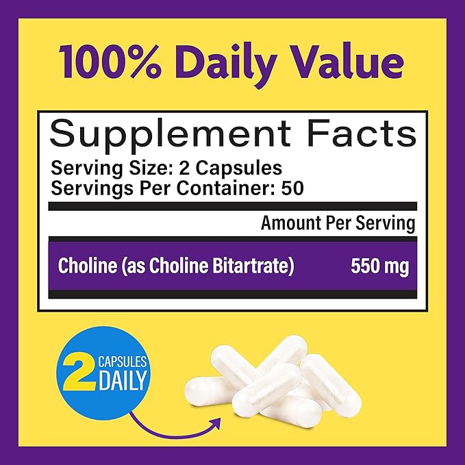 InnovixLabs Choline Supplement 550mg Pure Choline Bitartrate for Brain Health, Focus, Memory, Cognitive Development, Fatty Liver and Mood Support for Women and Men, 100 Capsules