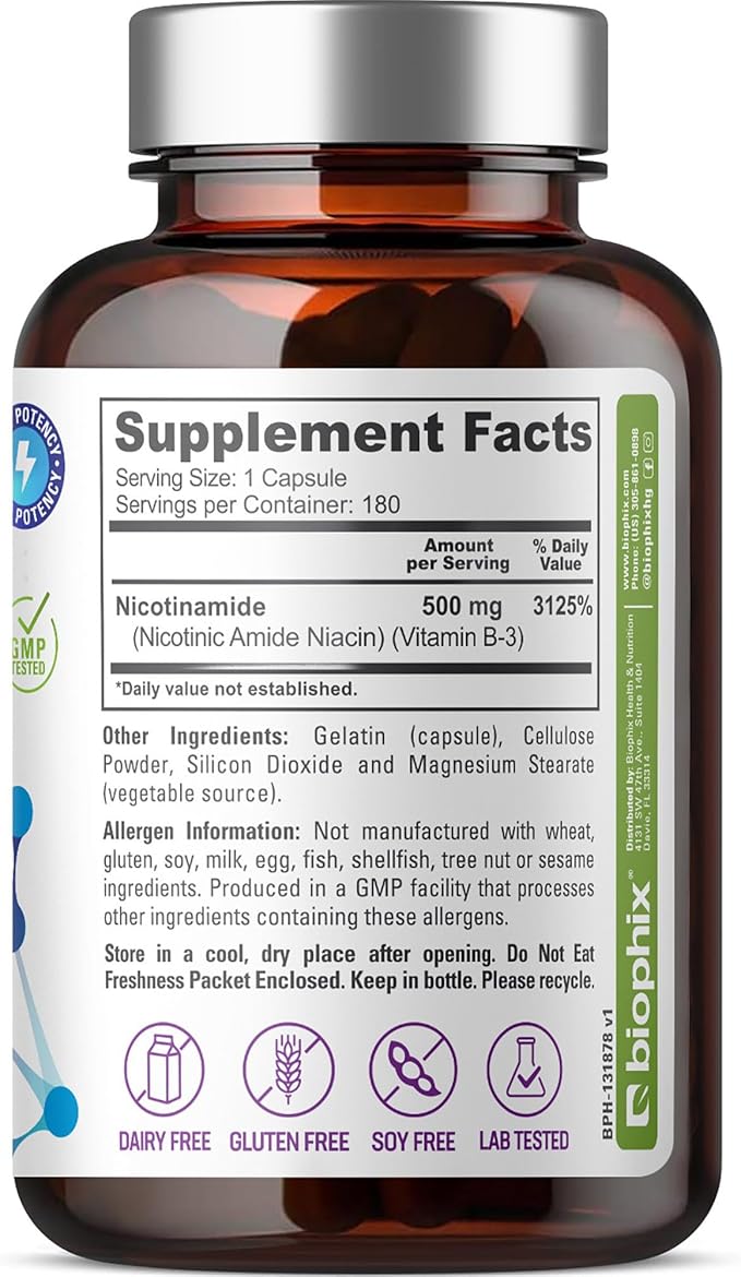 biophix B-3 Nicotinamide 500 mg 180 Caps - Nicotinic Amide Niacin Natural Flush-Free Vitamin Formula - Supports Skin Cell Health