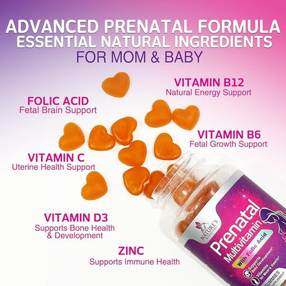Prenatal Vitamins for Women Gummies, Folic Acid 1335mcg Pregnancy Vitamins for Fetal Support, Vitamin A, C, D3, B12, B6 & Folate, Prenatal Multivitamin Gummy for Pregnant & Nursing Women - 120 Gummies