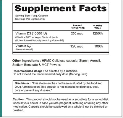 DK | Vegan Vitamin D3 10000 IU, Vitamin K2 120 Mcg with MCT Powder, Vegetarian Vitamin D3 K2 for Women and Men,Lichen Vitamin D3-60 Cap