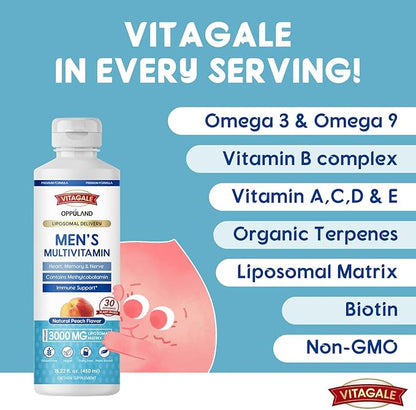 Men's Multivitamin - Liquid Supplement - Liposomal Delivery - Daily Multi Vitamin with Biotin B Complex Omega-3 - Hair & Nail Support Vitamin - Peach Flavor - 3000 mg per Serving - 450 mL