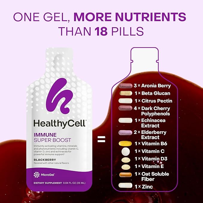 Healthycell Immune Super Boost Daily Liquid Supplement - Immune Support Supplement for Adults with Echinacea, Elderberry, Vitamin C, Vitamin D, Calcium & Zinc - 14 Gel Packs