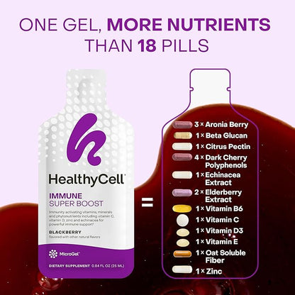 Healthycell Immune Super Boost Daily Liquid Supplement - Immune Support Supplement for Adults with Echinacea, Elderberry, Vitamin C, Vitamin D, Calcium & Zinc - 14 Gel Packs