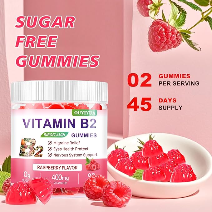Vitamin B2 Gummies Riboflavin 400mg Supplement with Magnesium for Kids & Adults B2 Gummies for Migraine Relief, Headache Relief & Nervous System Support, Vegan, Sugar-Free, Raspberry Flavor 90 Count