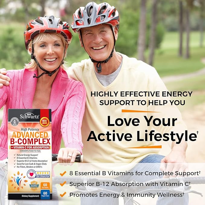 Vitamin B Complex with Vitamin C for Maximum Absorption - Methylcobalamin b12 & Folate Folic Acid Supplement - B1 B2 B3 B5 B6 B7 B9 for Immune Energy & Nervous System Support - Non-GMO, 60 count