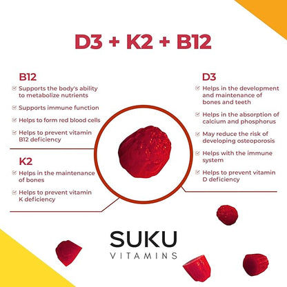 Vegan D3 + K2 + B12 Sugar-Free & Sugar-Alcohol-Free Keto 2000IU Vitamin D Gummy Supplement for Healthy Bones, Immune Function, Healthy Metabolism, Lemon Dragon Fruit Flavor (50 Gummies)