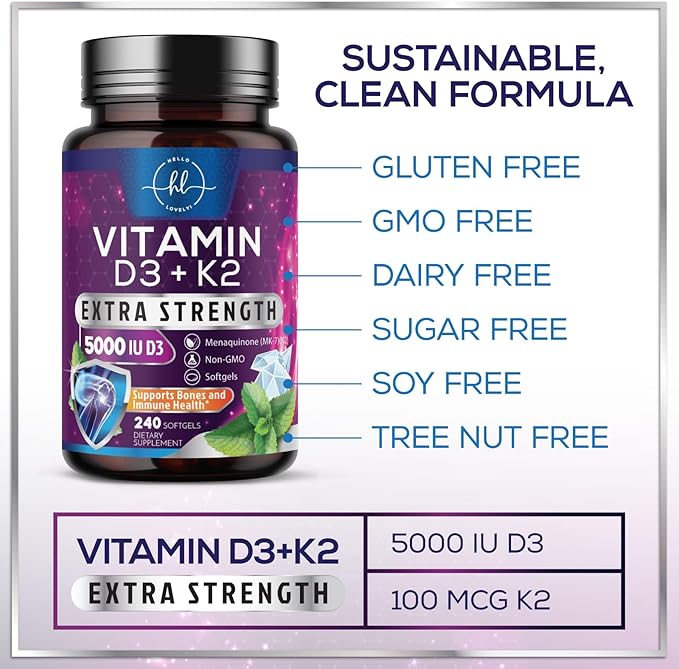 Vitamin D3 K2 - Vitamin D3 (5000 iu) & 100 mcg Vitamin K2 (MK-7) Complex for Immune Support & Bone, Teeth & Muscle Health - Easy to Swallow, Gluten Free, Non-GMO, Bottled in USA - 240 Softgels