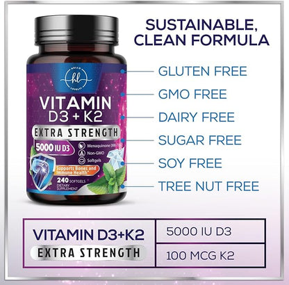 Vitamin D3 K2 - Vitamin D3 (5000 iu) & 100 mcg Vitamin K2 (MK-7) Complex for Immune Support & Bone, Teeth & Muscle Health - Easy to Swallow, Gluten Free, Non-GMO, Bottled in USA - 240 Softgels