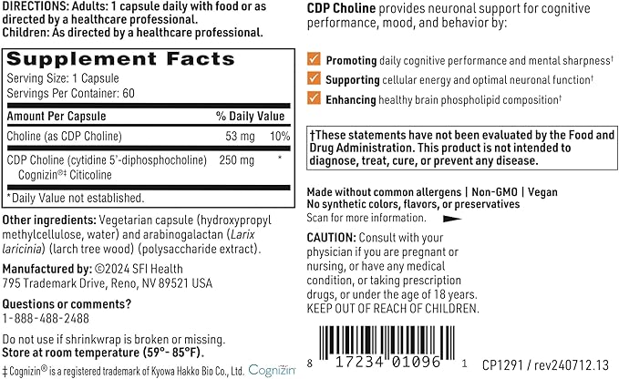 Klaire Labs SFI Health CDP Choline 250mg - Soy-Free Choline Supplements - Cognizin Citicoline to Help Support Memory, Focus & Attention - Bioavailable Active Form, Hypoallergenic (60 Capsules)