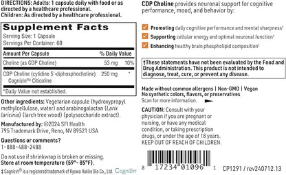 Klaire Labs SFI Health CDP Choline 250mg - Soy-Free Choline Supplements - Cognizin Citicoline to Help Support Memory, Focus & Attention - Bioavailable Active Form, Hypoallergenic (60 Capsules)