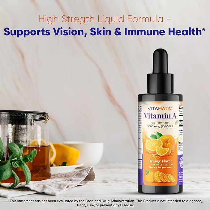 Vitamatic Sugar Free Vitamin A Liquid Drops 10000 IU (3000 mcg) as Retinyl Palmitate - Approximate 4 Months Supply - Immune Support, Eye Health, Skin Health - 2 FL OZ (59 ml) (2 Packs)