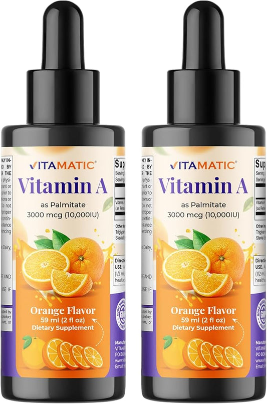 Vitamatic Sugar Free Vitamin A Liquid Drops 10000 IU (3000 mcg) as Retinyl Palmitate - Approximate 4 Months Supply - Immune Support, Eye Health, Skin Health - 2 FL OZ (59 ml) (2 Packs)