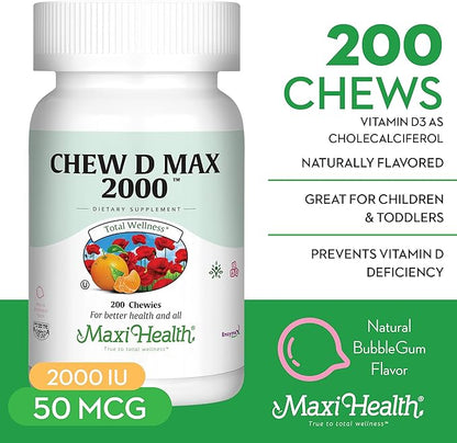 Maxi Health Chewable Vitamin D3 2000 IU Supplement - Delicious Natural Bubble Gum Flavor - Supports Calcium Absorption, Immune and Bone Health in Adult Women, Men, Children & Toddlers - 200 Chews
