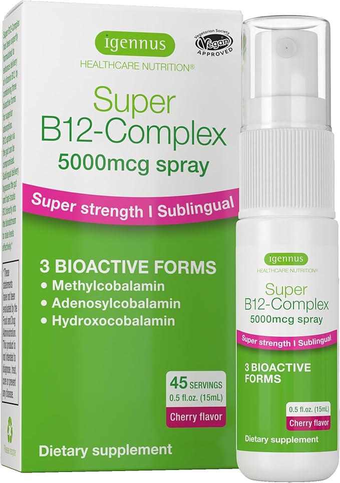 Igennus Triple Vitamin B12 Complex 5000mcg, Liquid Sublingual Spray, 45 Servings, Methylated Methylcobalamin, Adenosylcobalamin & Hydroxocobalamin, High Strength & Clean, Natural Cherry Flavor, Vegan