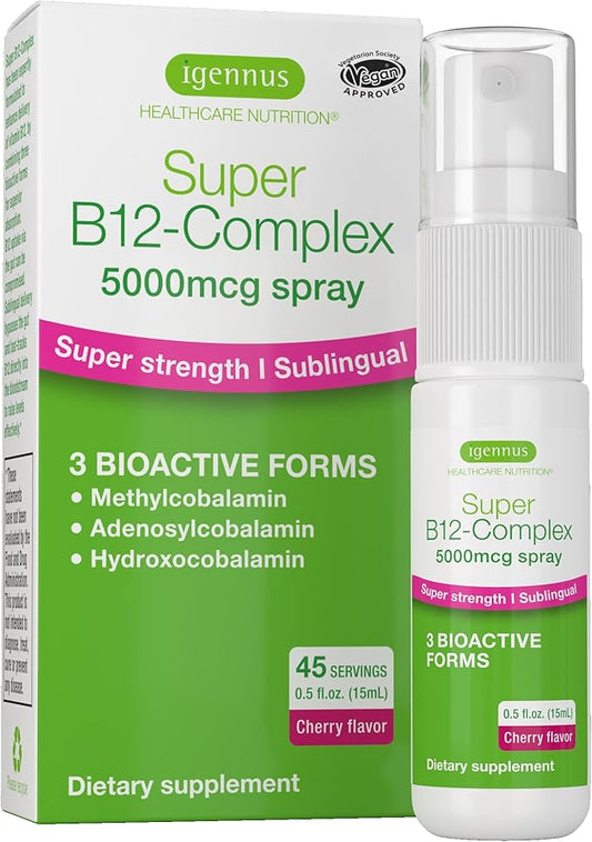 Igennus Triple Vitamin B12 Complex 5000mcg, Liquid Sublingual Spray, 45 Servings, Methylated Methylcobalamin, Adenosylcobalamin & Hydroxocobalamin, High Strength & Clean, Natural Cherry Flavor, Vegan
