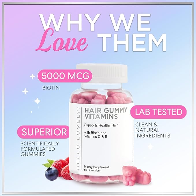 Hair Vitamins Gummies - Biotin 5000 mcg with Vitamin E, C & Zinc, Hair Growth Vitamins for Women & Men - Stronger, Beautiful Hair, Skin & Nails Supplement, Non-GMO & Gluten-Free - 60 Gummy Bears