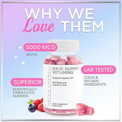 Hair Vitamins Gummies - Biotin 5000 mcg with Vitamin E, C & Zinc, Hair Growth Vitamins for Women & Men - Stronger, Beautiful Hair, Skin & Nails Supplement, Non-GMO & Gluten-Free - 60 Gummy Bears